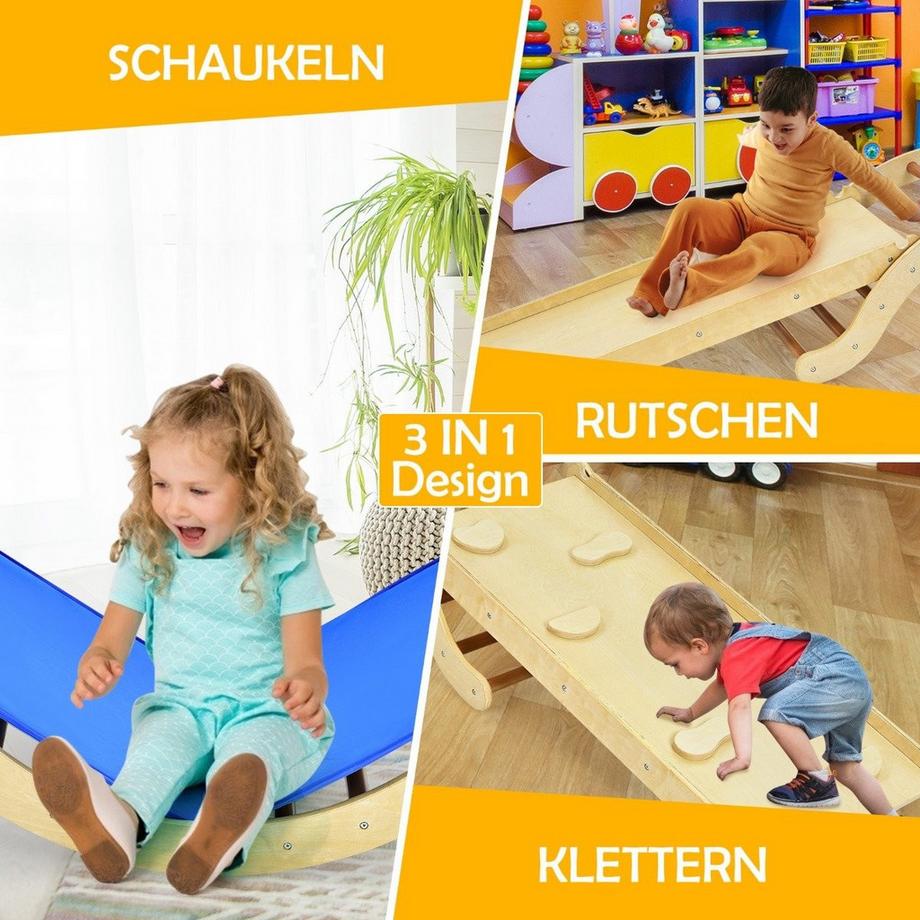 B2X  3 in 1 Kinder Kletterleiter Set mit Umkehrbarer Rampe und Kissen zum Klettern und Rutschen Natur + Blau Tragfähigkeit von 60kg 