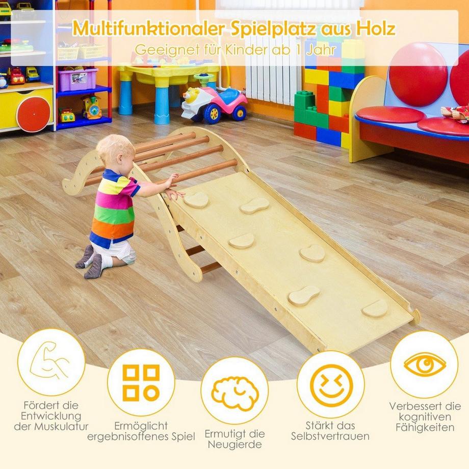 B2X  3 in 1 Kinder Kletterleiter Set mit Umkehrbarer Rampe und Kissen zum Klettern und Rutschen Natur + Blau Tragfähigkeit von 60kg 