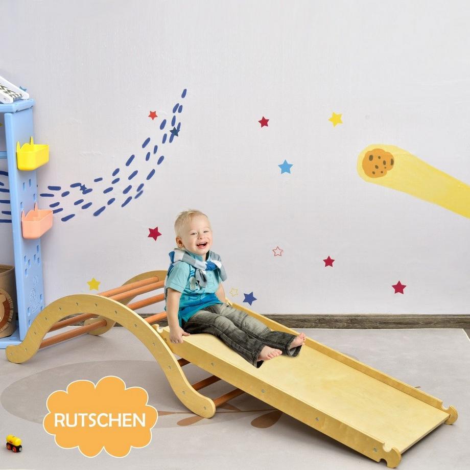 B2X  3 in 1 Kinder Kletterleiter Set mit Umkehrbarer Rampe und Kissen zum Klettern und Rutschen Natur + Blau Tragfähigkeit von 60kg 