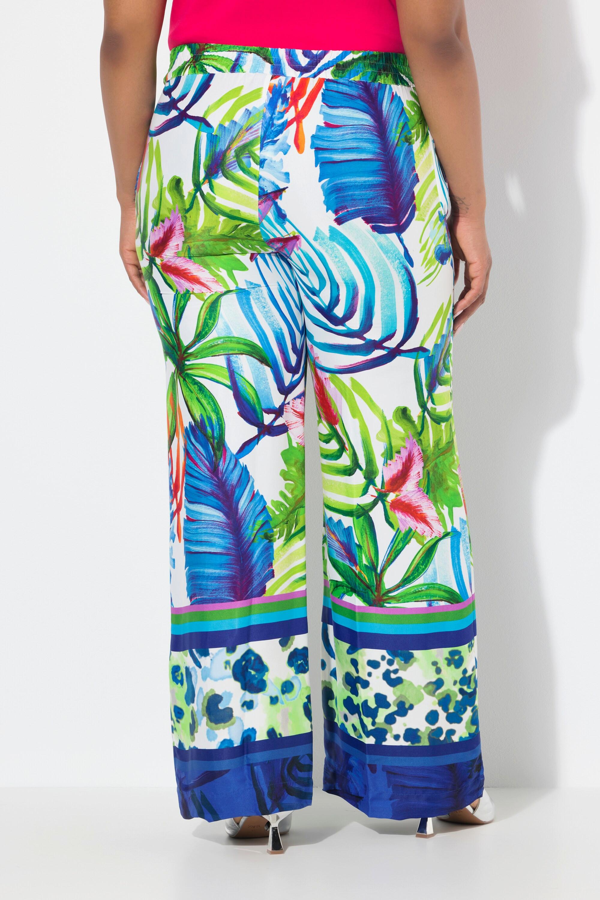 Ulla Popken Satinhose Blätter Weites Gerades Bein Elastikbund  