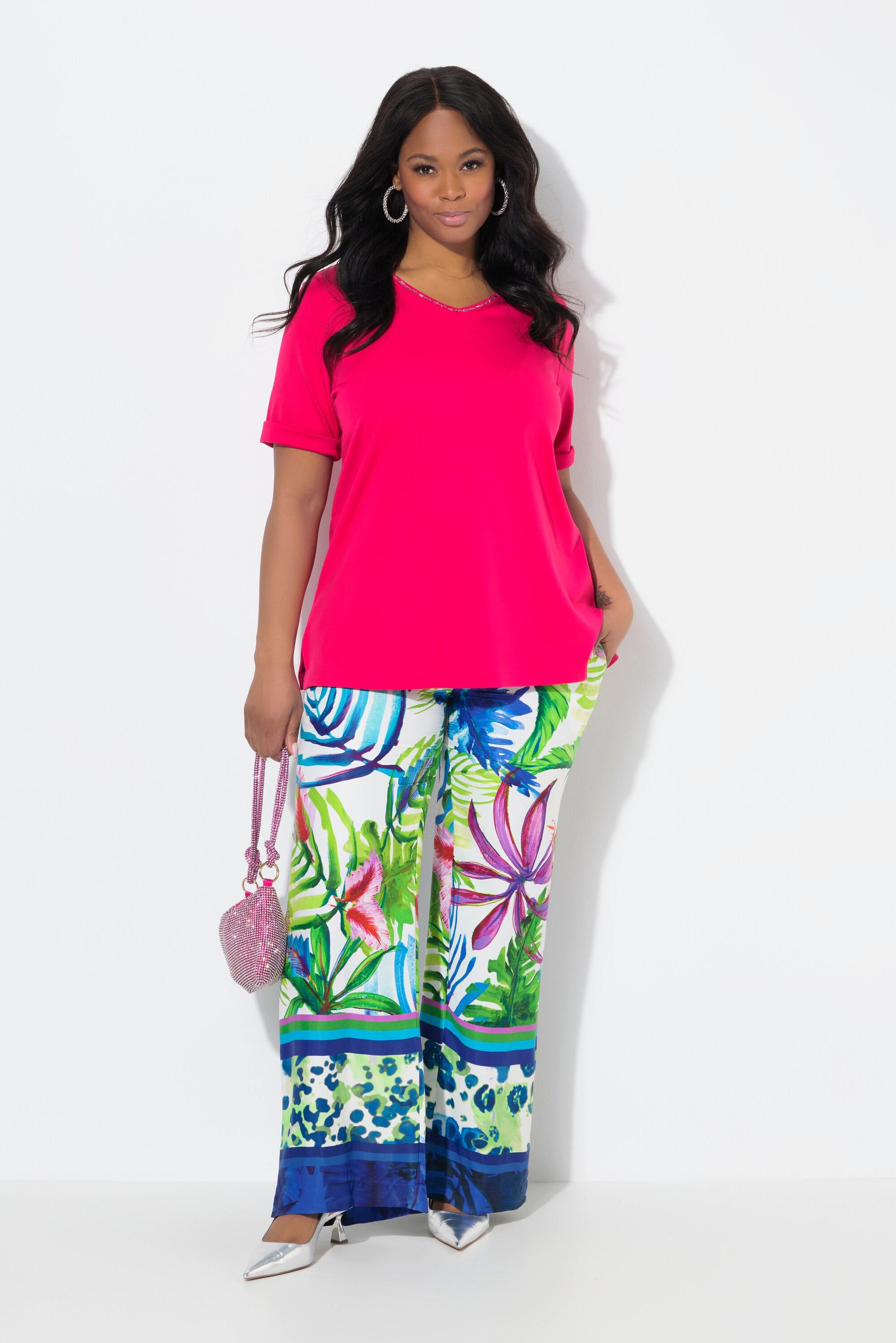 Ulla Popken Satinhose Blätter Weites Gerades Bein Elastikbund  