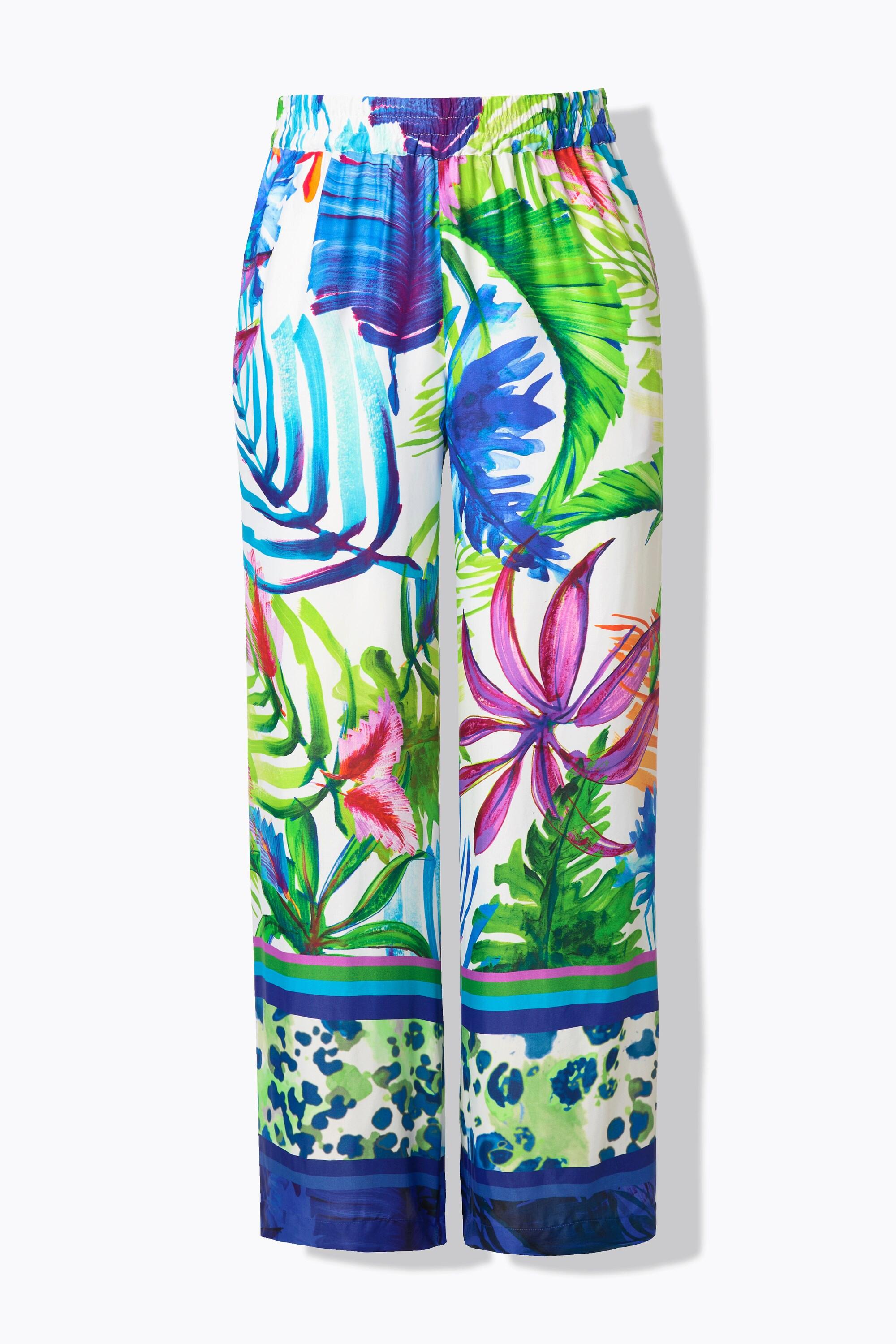 Ulla Popken Satinhose Blätter Weites Gerades Bein Elastikbund  