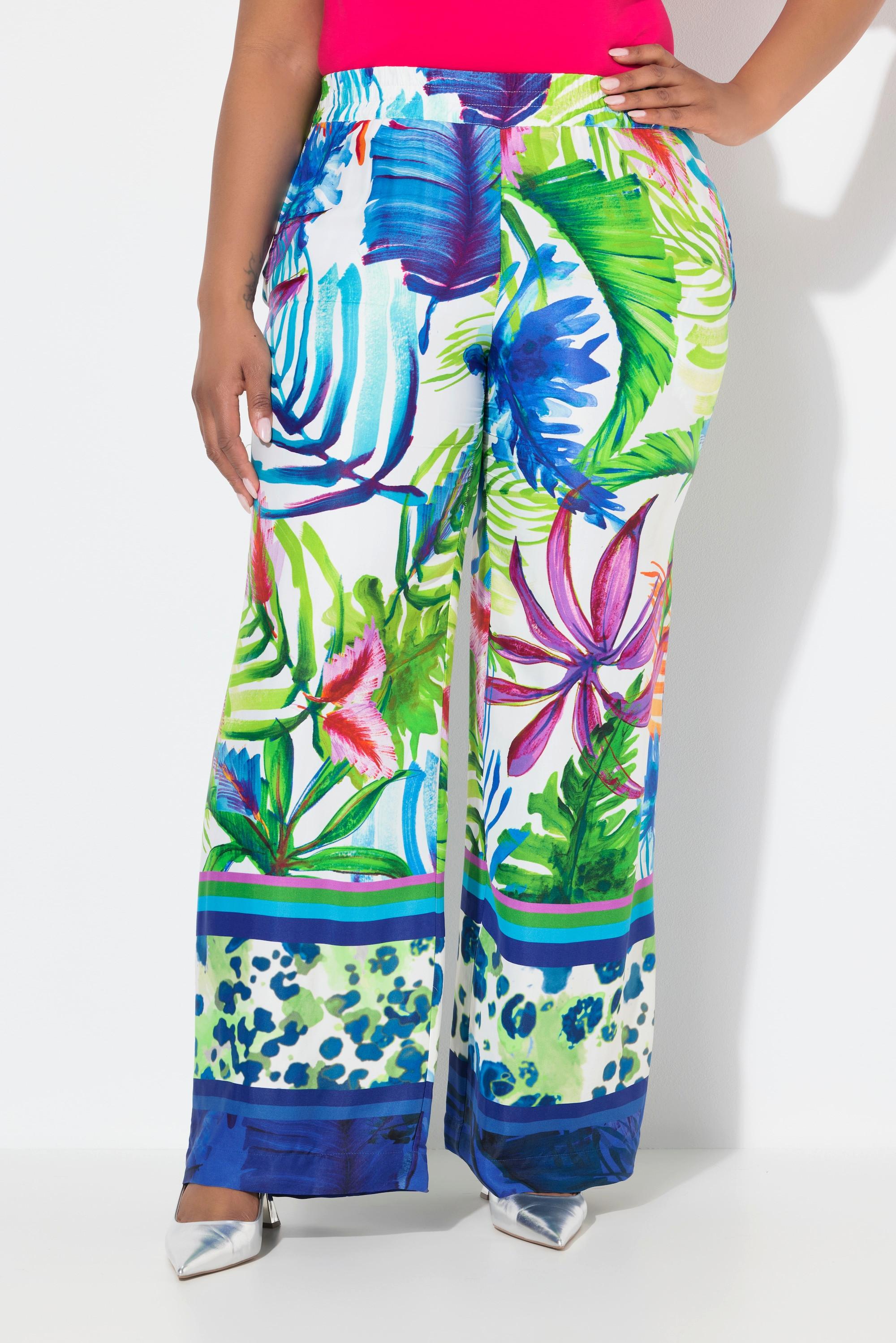 Ulla Popken Satinhose Blätter Weites Gerades Bein Elastikbund  