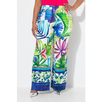 Pantalon en satin à taille élastique. Jambe droite et large. Imprimé feuilles