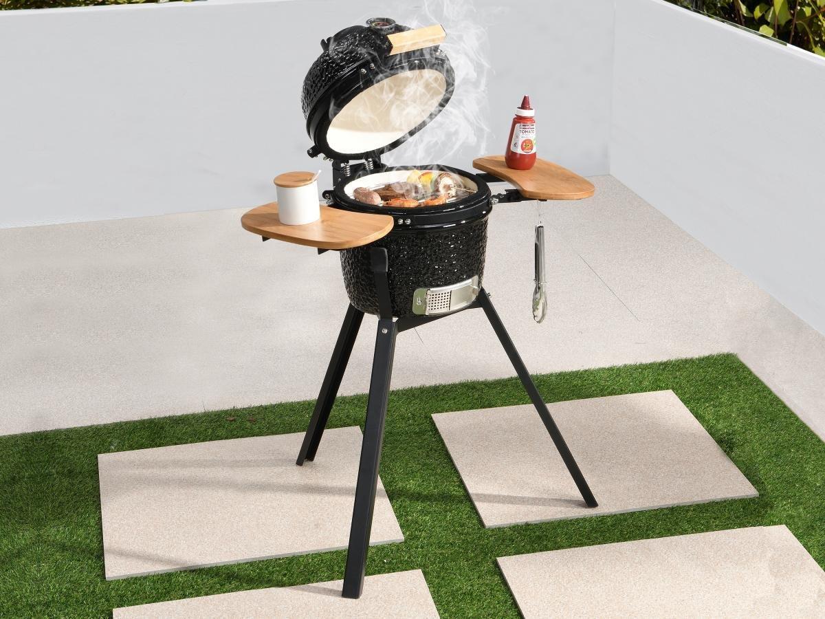 Vente-unique Barbecue kamado à charbon en céramique et bambou 32 x 52 x 94 cm - ERIKO  
