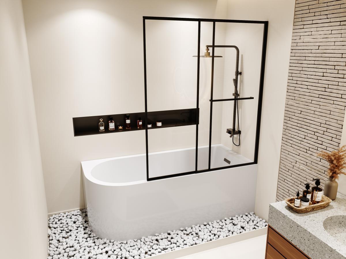 SHOWER DESIGN Duschbadewanne mit schiebbarer Duschtrennwand - Weiß - 240 L - Ecke rechts - ANIKA  