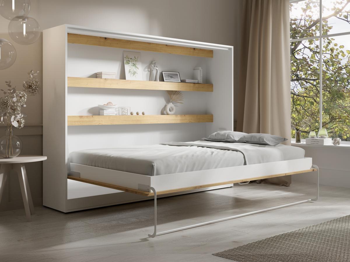 Vente-unique Letto estraibile 140 x 200 cm Apertura orizzontale manuale Con LED Bianco e Naturale + Materasso - RAPILI  