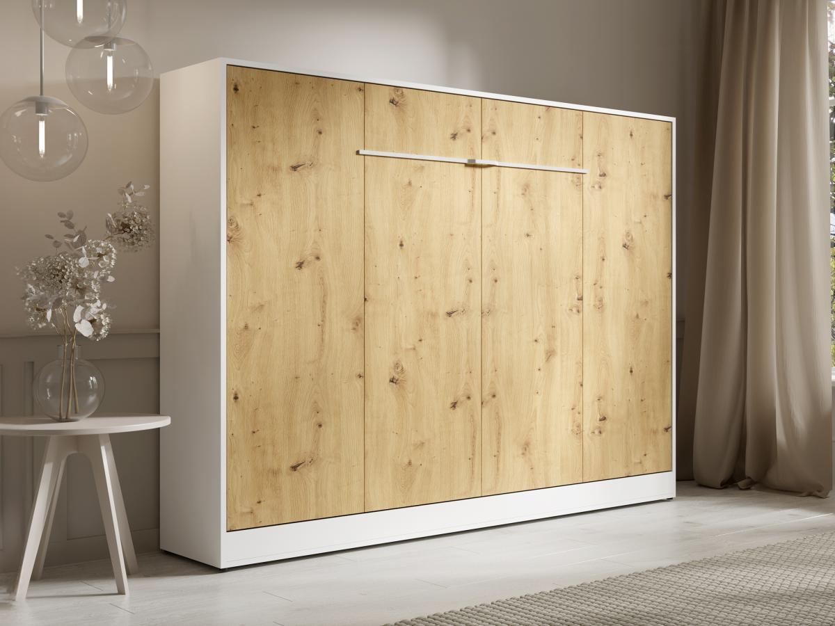 Vente-unique Schrankbett + Matratze - 140 x 200 cm - Manuelle horizontale Öffnung - Mit LED-Beleuchtung - Weiß & Holzfarben - RAPILI  