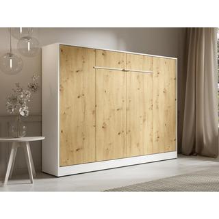Vente-unique Schrankbett + Matratze - 140 x 200 cm - Manuelle horizontale Öffnung - Mit LED-Beleuchtung - Weiß & Holzfarben - RAPILI  