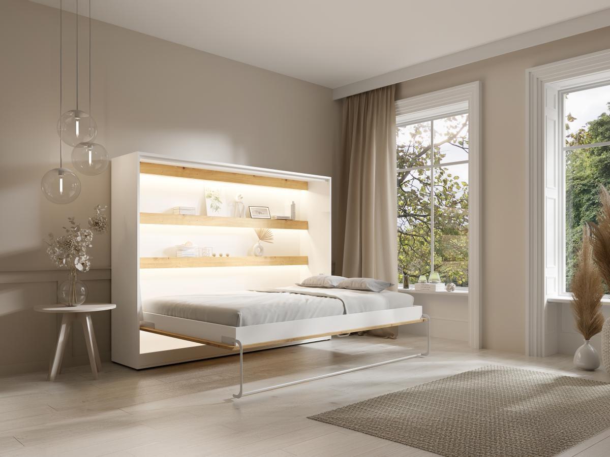 Vente-unique Letto estraibile 140 x 200 cm Apertura orizzontale manuale Con LED Bianco e Naturale + Materasso - RAPILI  