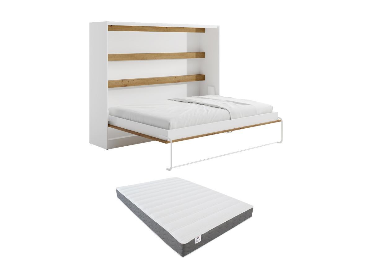 Vente-unique Letto estraibile 140 x 200 cm Apertura orizzontale manuale Con LED Bianco e Naturale + Materasso - RAPILI  