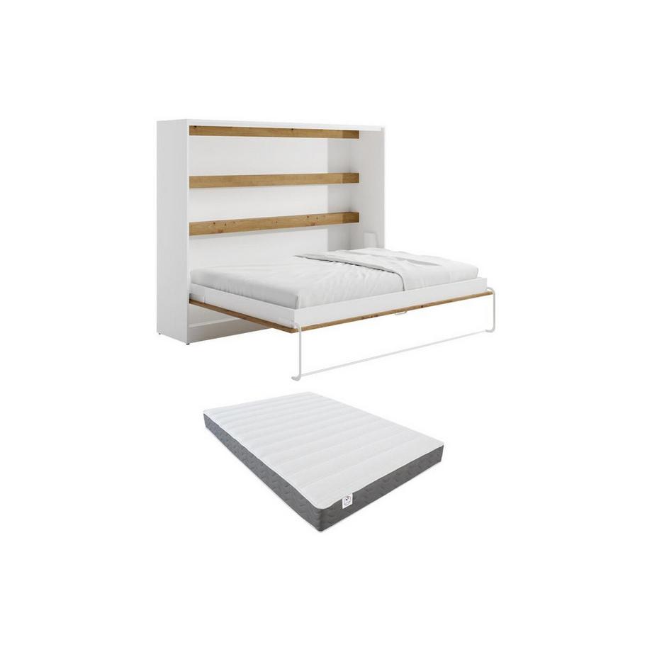 Lit escamotable 140 x 200 cm - Ouverture horizontale manuelle - Avec LEDs - Blanc et naturel + Matelas - RAPILI