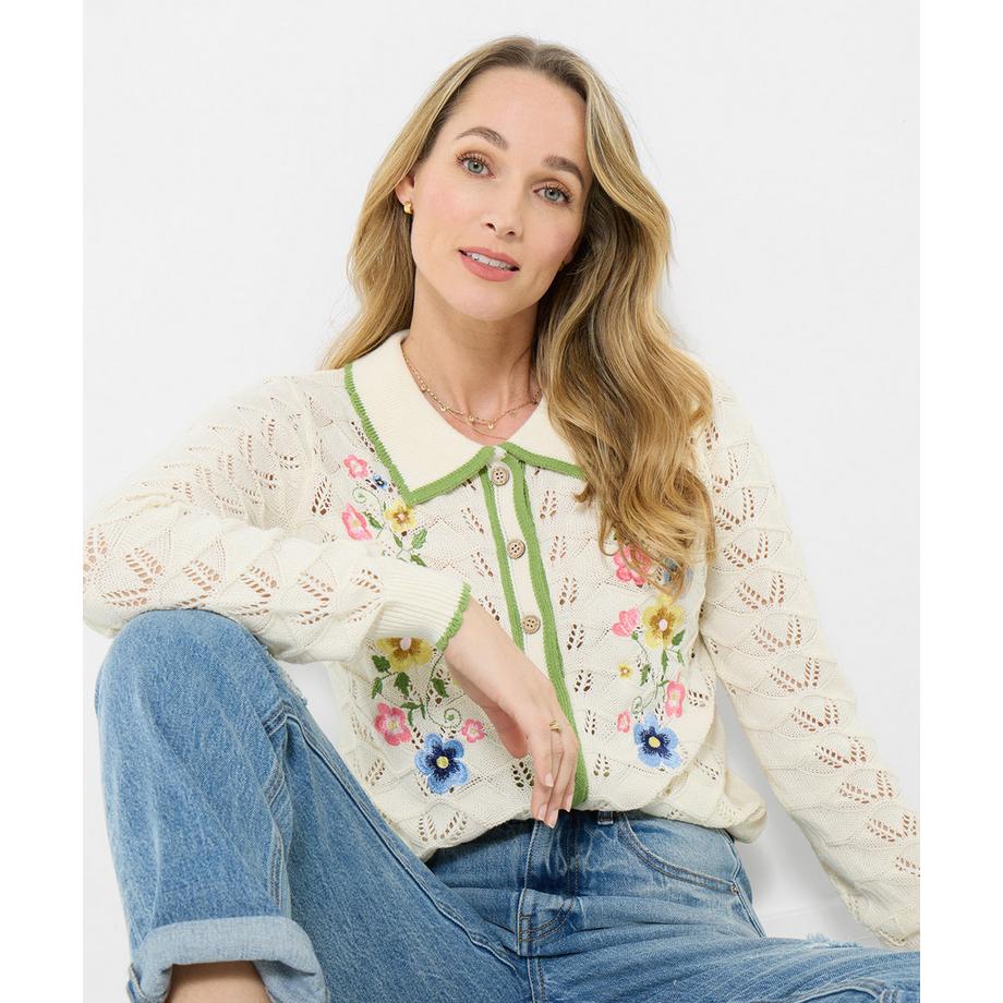 Strickjacke mit Kragen, Lochstrick und Blumenstickerei