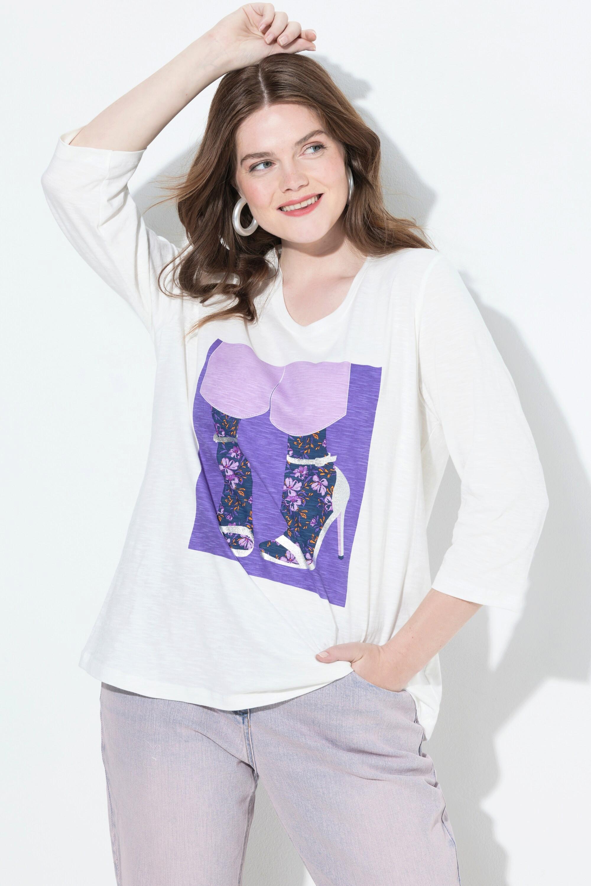 Ulla Popken Maglia Classica Girocollo Maniche 3/4 Motivo Scarpe  