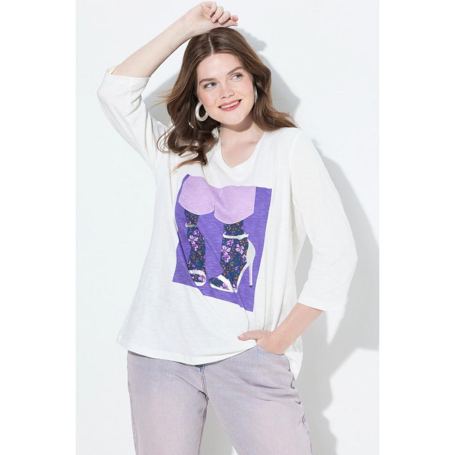 Ulla Popken T-shirt Classique Col Rond Manches 3/4 Motif Chaussures  