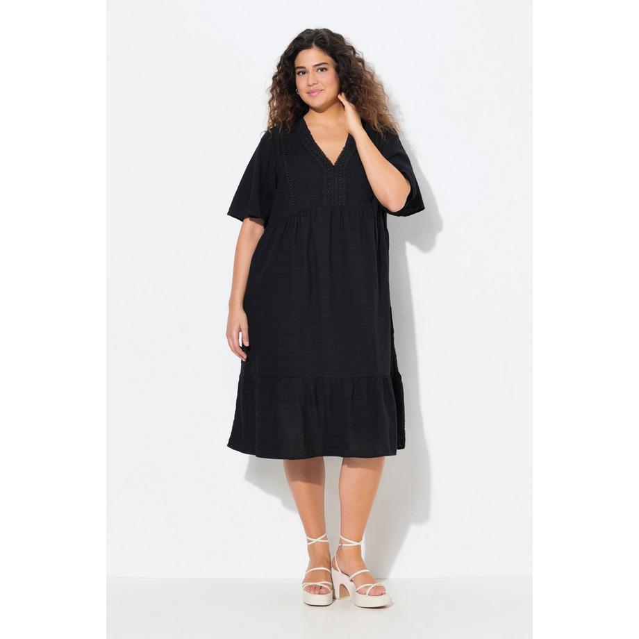 Ulla Popken Seersucker A-Linie Midikleid Halbarm  