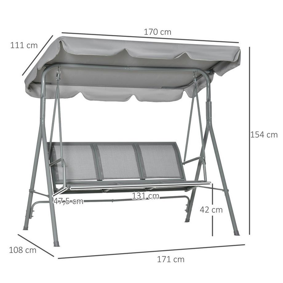 Northio Hollywood Swing Balancelle De Jardin 3 Places Avec Toit Métal Gris + Argent 170 X 110 X 153 Cm  