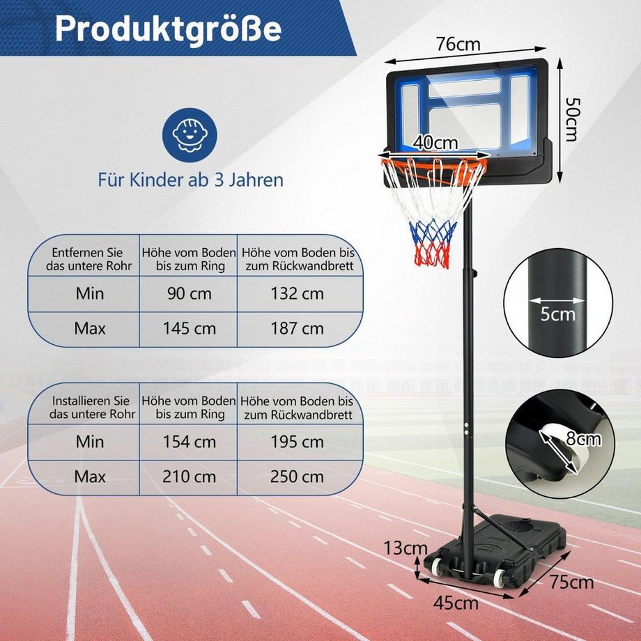 B2X  Canestro da basket Canestro da basket regolabile in altezza 90/158-210 cm con supporto resistente alle intemperie indoor outdoor blu 