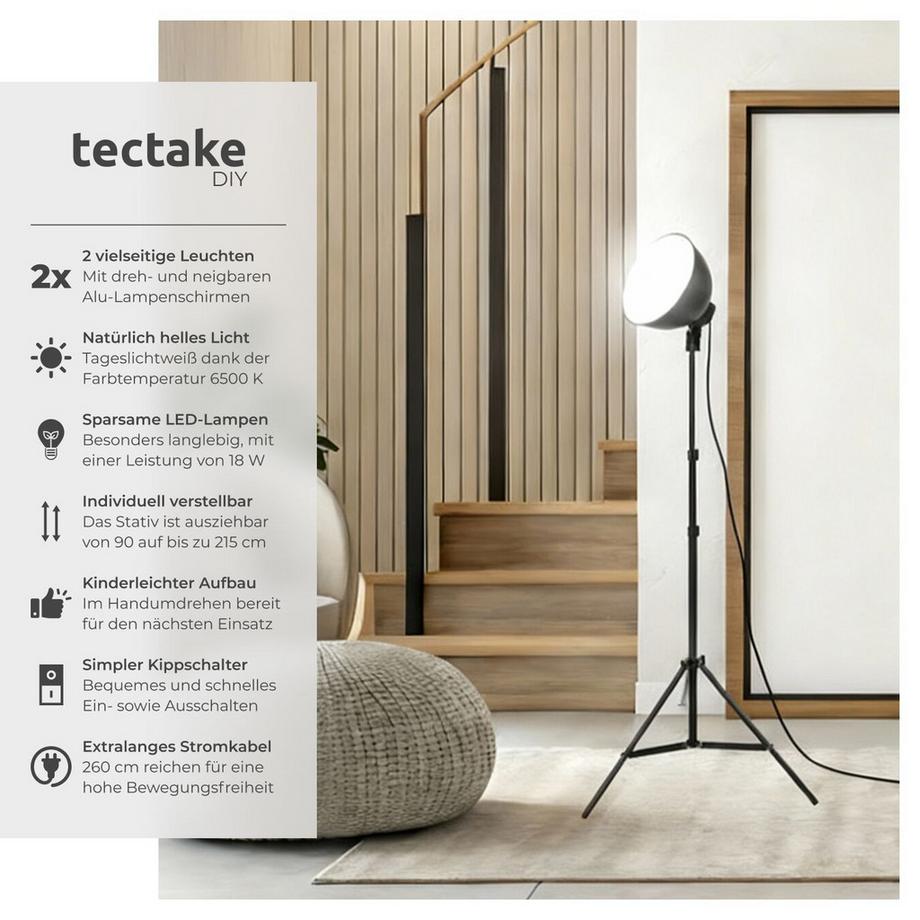 Tectake  2er-Set Studioleuchte  mit Lampenschirm und ausziehbarem Stativ LED Leuchtmittel E27 18W 
