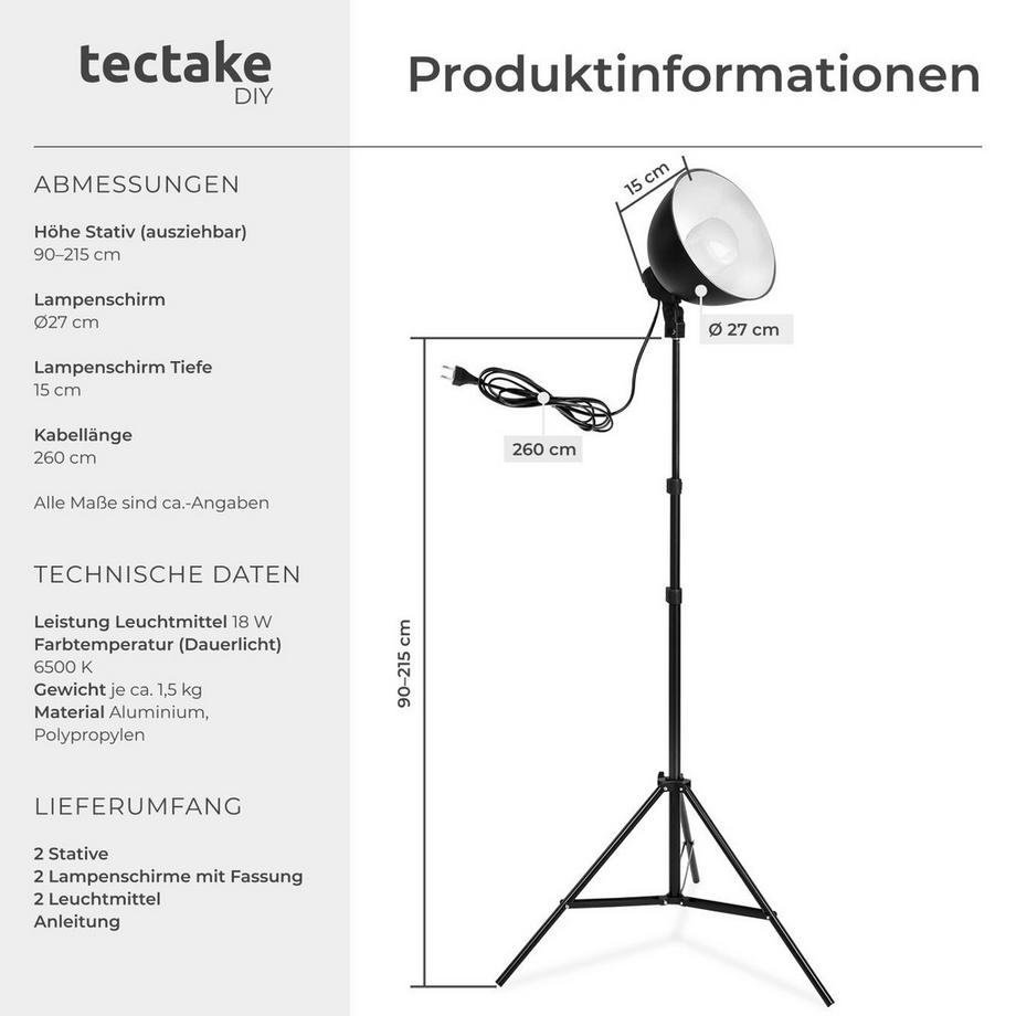 Tectake  2er-Set Studioleuchte  mit Lampenschirm und ausziehbarem Stativ LED Leuchtmittel E27 18W 