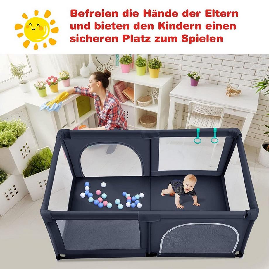 Northix  Baby Laufstall mit 50 Spielbällen Laufgitter mit Netz und Reißverschluss 120 x 190 cm Dunkelgrau 