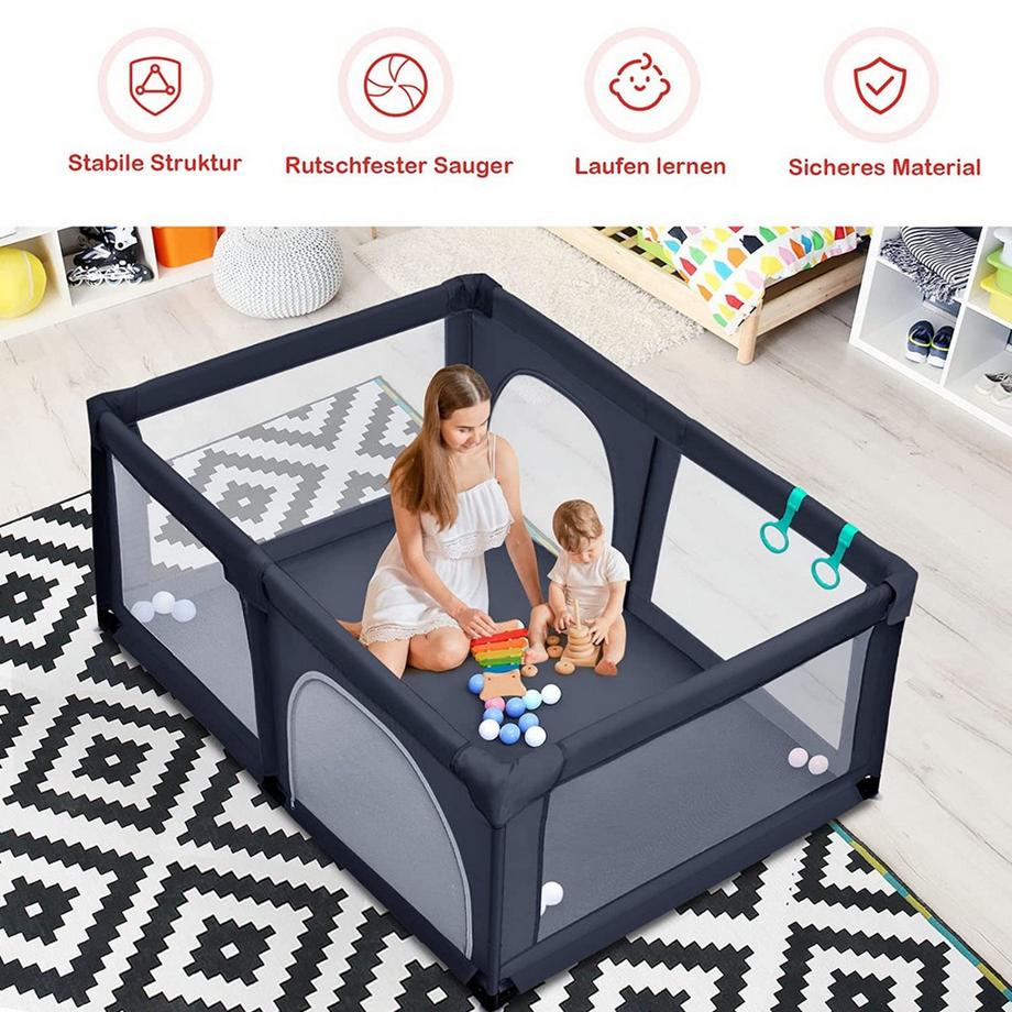 Northix  Baby Laufstall mit 50 Spielbällen Laufgitter mit Netz und Reißverschluss 120 x 190 cm Dunkelgrau 