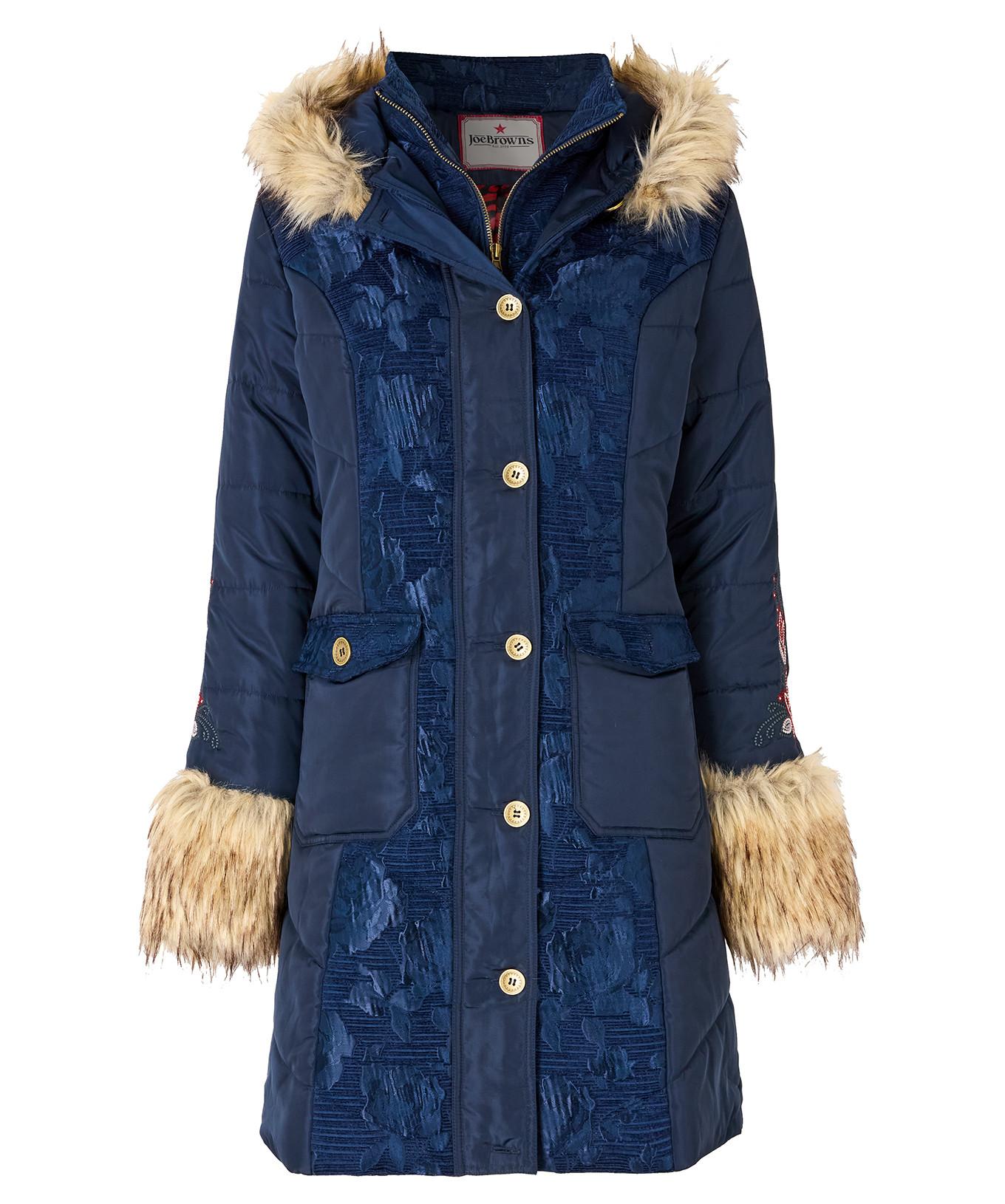 Joe Browns Marineblauer Parka mit Jacquard-Einsätzen und Kunstfell  