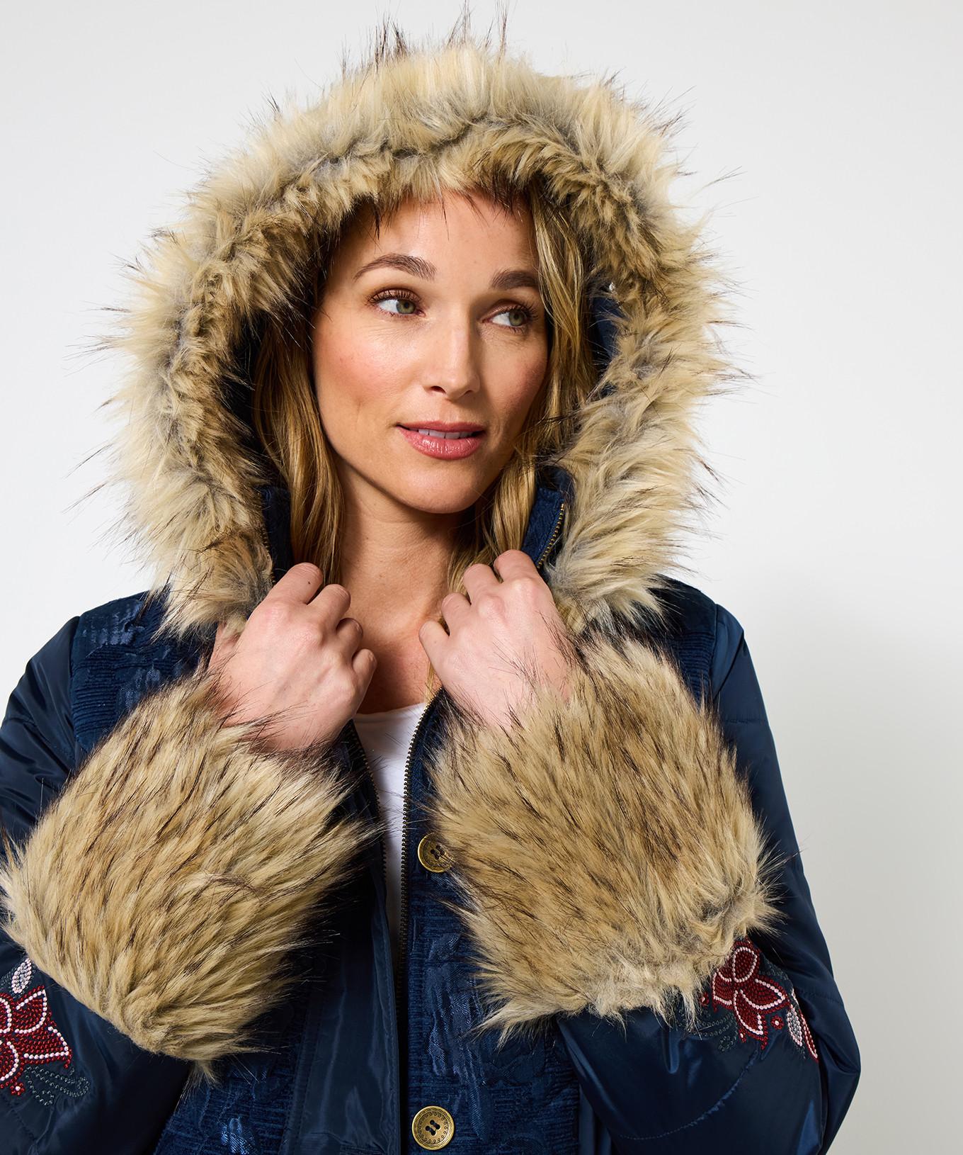 Joe Browns Marineblauer Parka mit Jacquard-Einsätzen und Kunstfell  