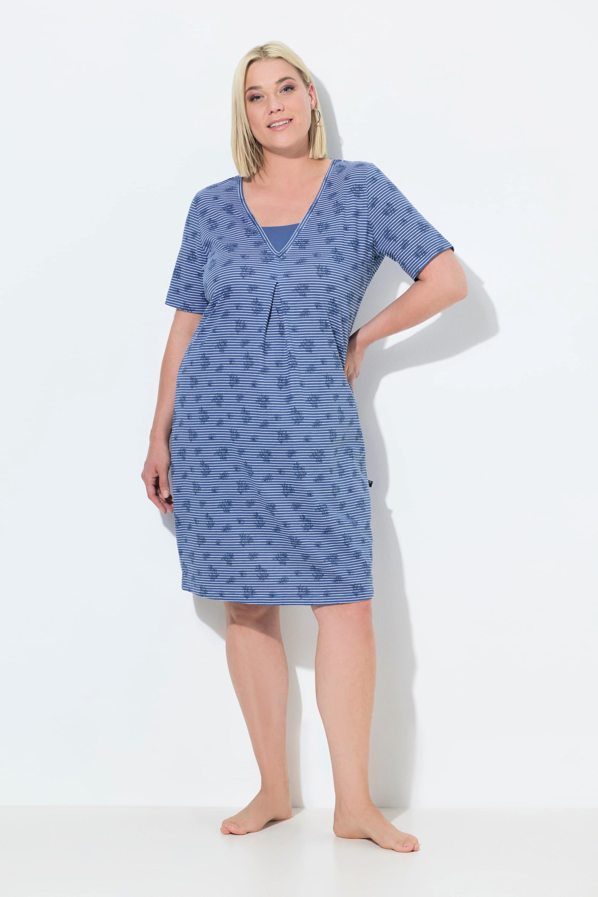 Ulla Popken Camicia da notte Righe Fiori Scollo a V Mezze Maniche  