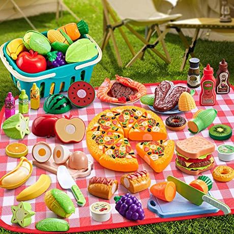 Activity-board  Accessoires de cuisine pour enfants, 67 pièces, accessoires de cuisine pour enfants avec connexion Velcro, ensemble de nourriture pour fruits et légumes pour jeux de rôle, jouet de cuisine, jouet éducatif 