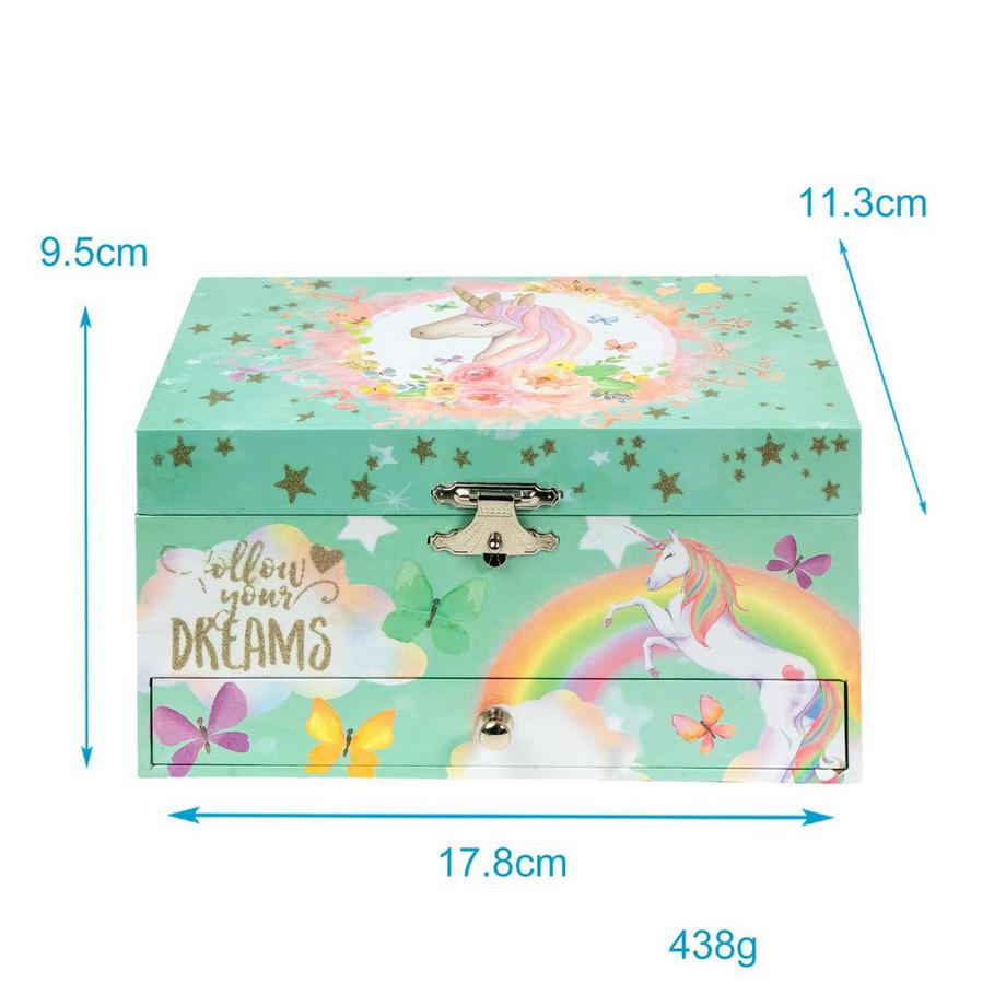 Intirilife  Schmuckschatulle mit Spieluhr Musikschmuckdose mit Einhorn aus Holz und Samt 