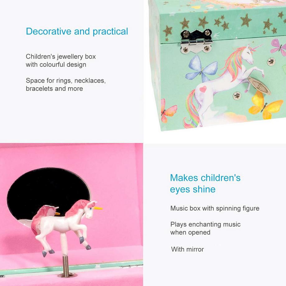 Intirilife  Schmuckschatulle mit Spieluhr Musikschmuckdose mit Einhorn aus Holz und Samt 