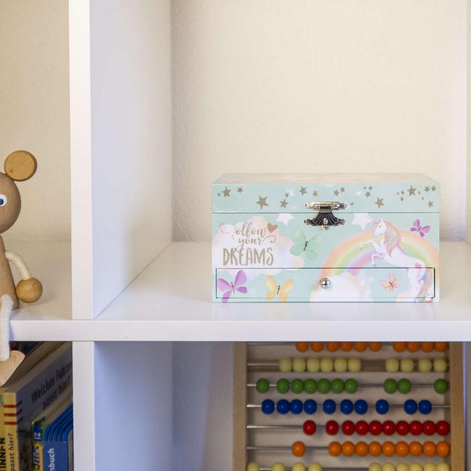 Intirilife  Schmuckschatulle mit Spieluhr Musikschmuckdose mit Einhorn aus Holz und Samt 