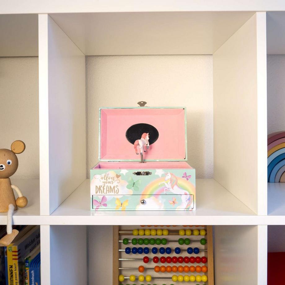 Intirilife  Schmuckschatulle mit Spieluhr Musikschmuckdose mit Einhorn aus Holz und Samt 