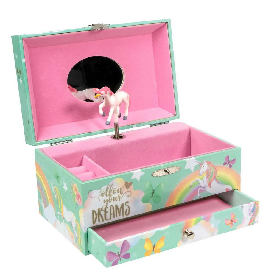Intirilife  Schmuckschatulle mit Spieluhr Musikschmuckdose mit Einhorn aus Holz und Samt 
