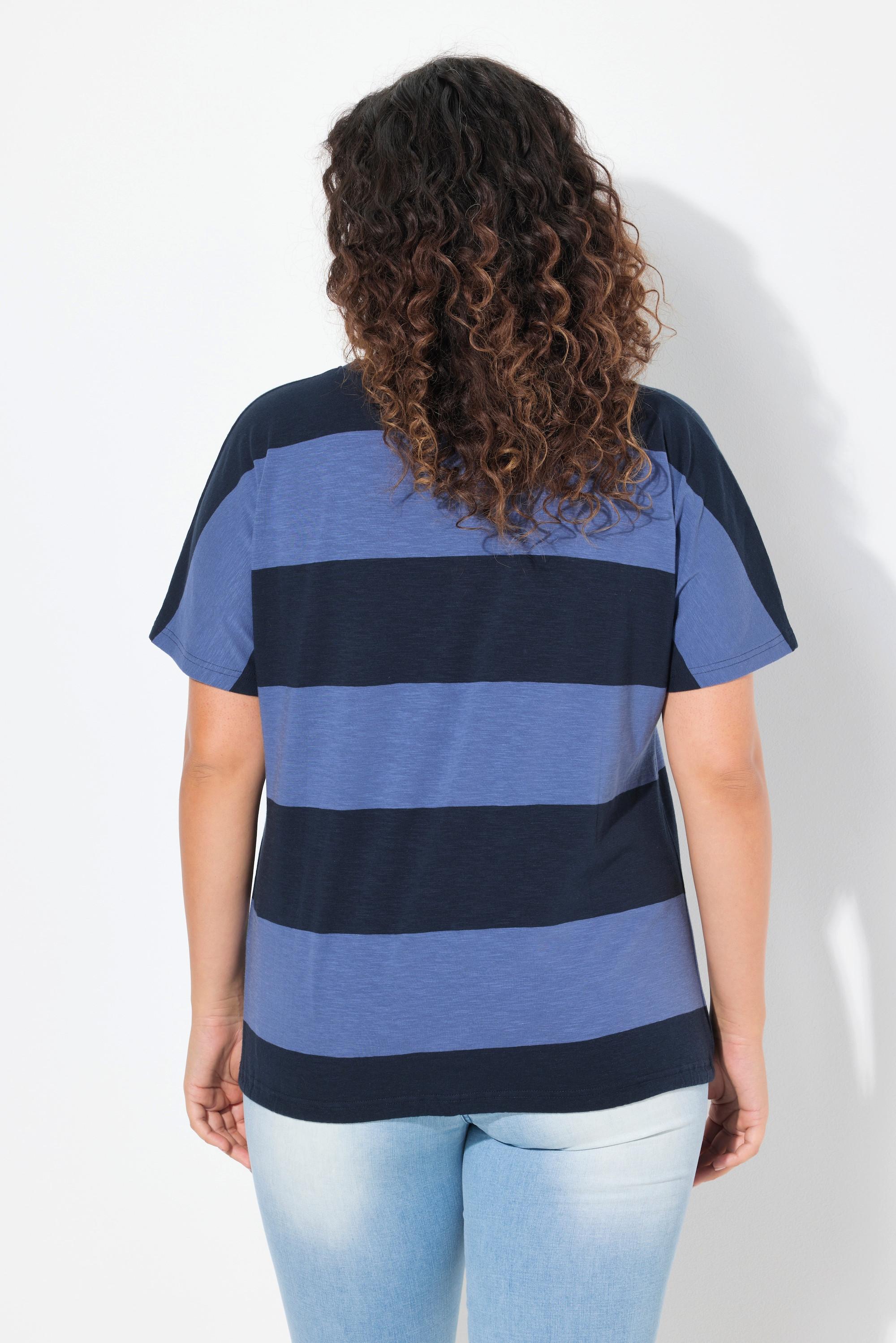 Ulla Popken T-shirt a Righe Scollo Rotondo Mezze Maniche con Fascia nell'Orlo  