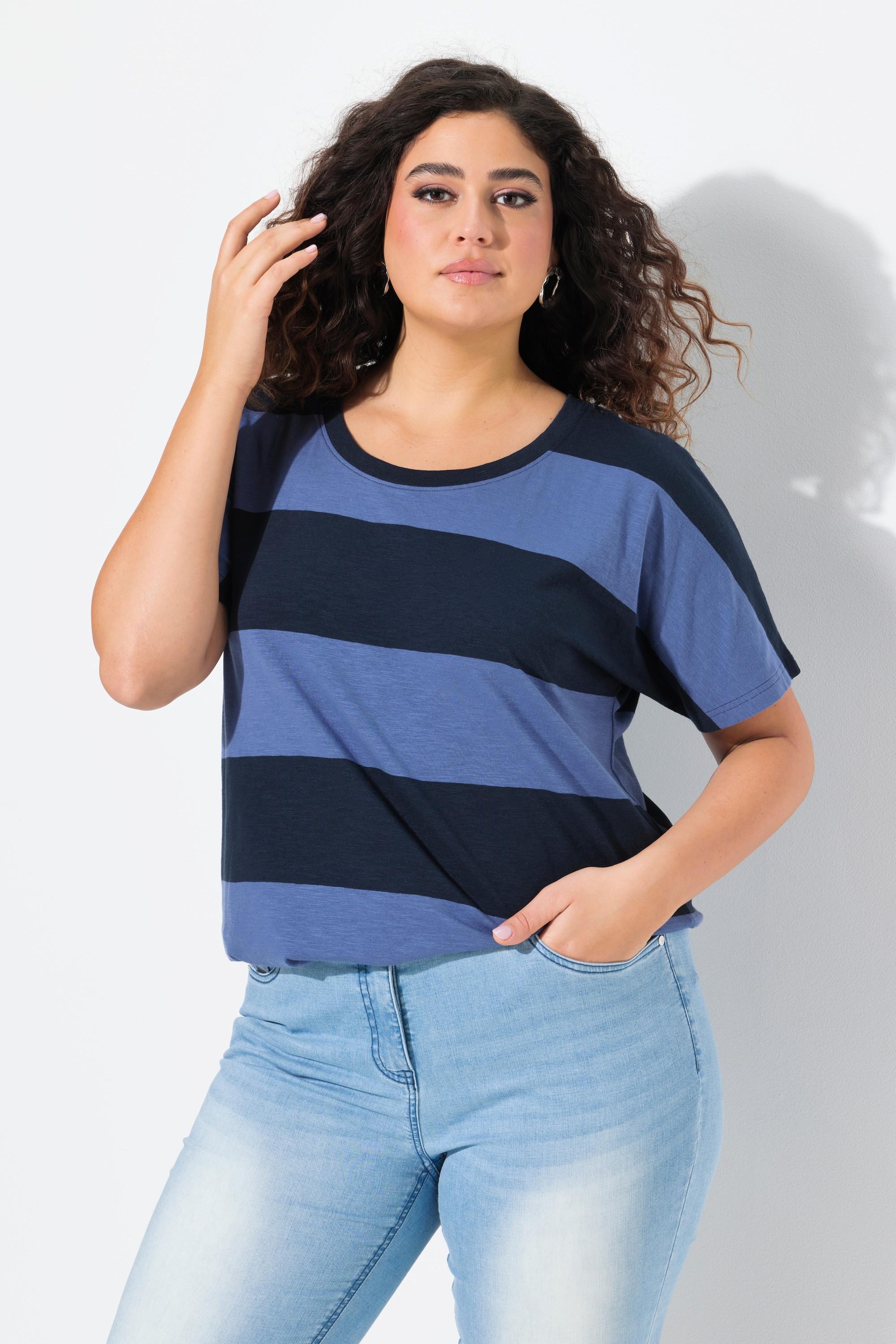 Ulla Popken T-shirt a Righe Scollo Rotondo Mezze Maniche con Fascia nell'Orlo  