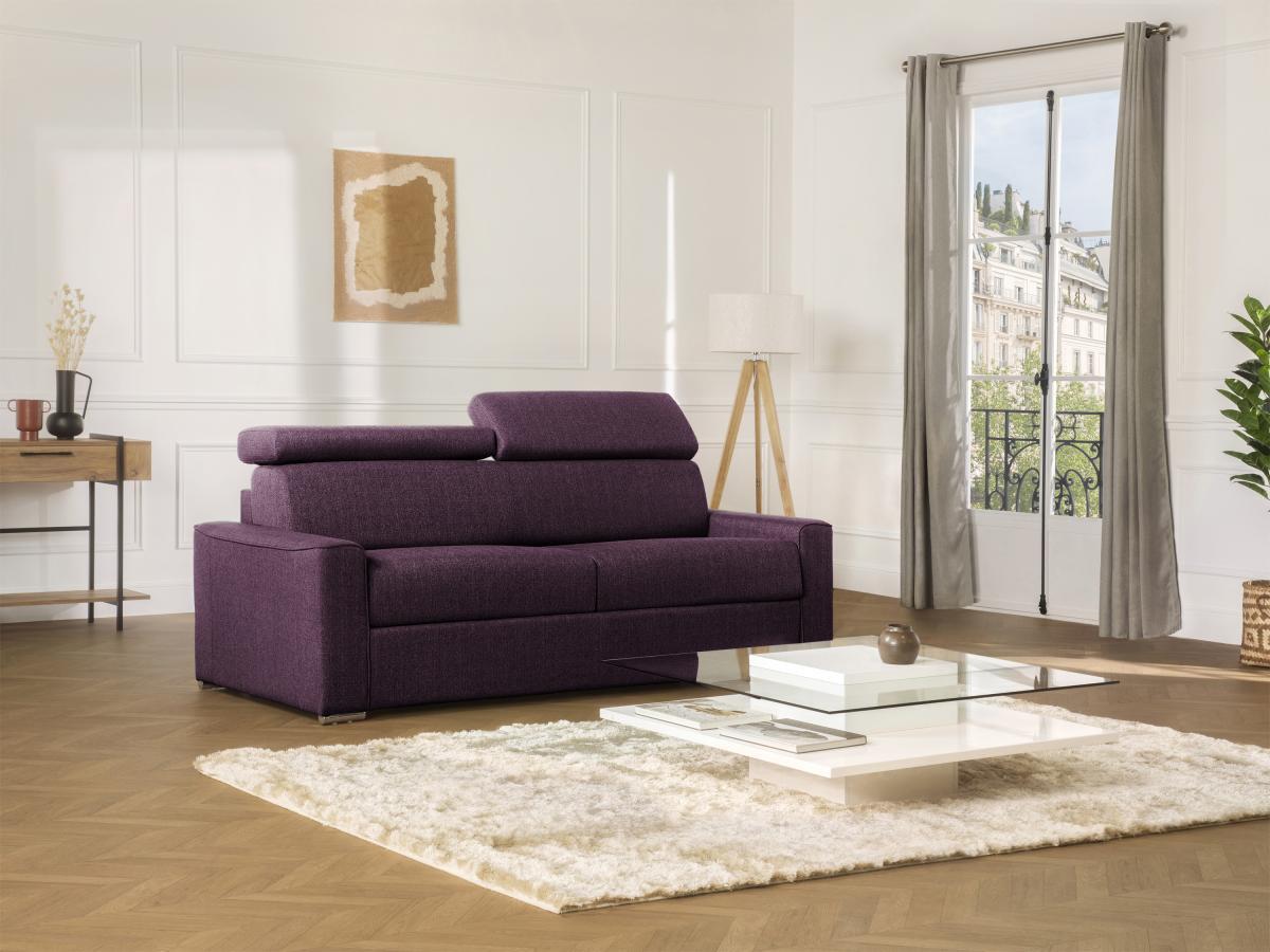 LINEA SOFA Canapé 3 places conible express en tissu VIZIR Violet Couchage à  lattes larges 1Matelas  