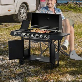 Northio Gasgrill Bbq Grillwagen Mit 6 Brennern 1 Seitenbrenner Schrank Multifunktion Metall Schwarz 135 X 50 X 100 Cm  