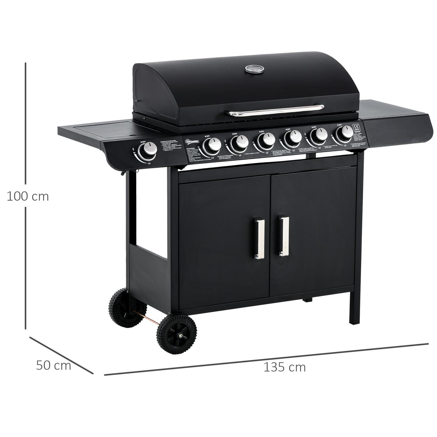Northio Gasgrill Bbq Grillwagen Mit 6 Brennern 1 Seitenbrenner Schrank Multifunktion Metall Schwarz 135 X 50 X 100 Cm  