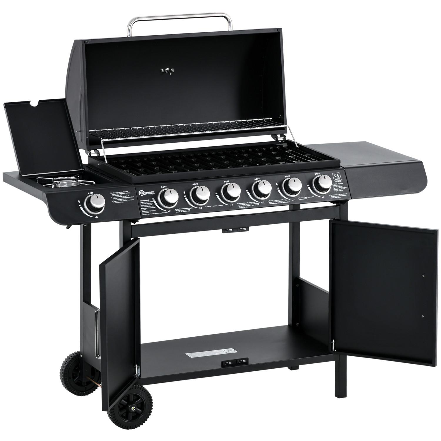 Northio Gasgrill Bbq Grillwagen Mit 6 Brennern 1 Seitenbrenner Schrank Multifunktion Metall Schwarz 135 X 50 X 100 Cm  