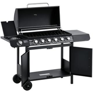 Northio Gasgrill Bbq Grillwagen Mit 6 Brennern 1 Seitenbrenner Schrank Multifunktion Metall Schwarz 135 X 50 X 100 Cm  