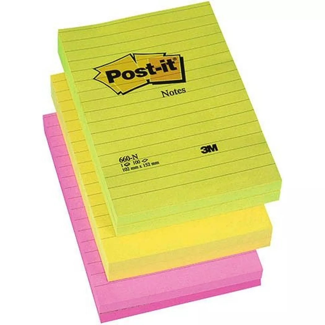 Post-it Large Notes, Assorted Neon Colours, Lined, 101 mm x 152 mm,