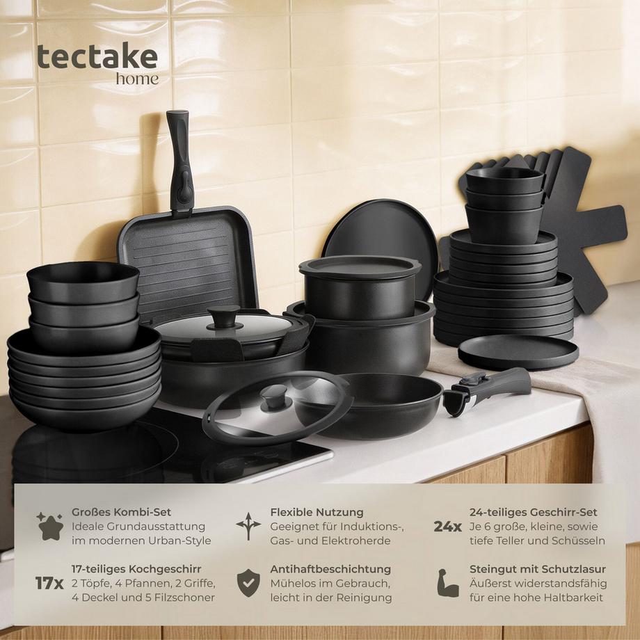 Tectake Ensemble de vaisselle et kit de cuisine Una/Parma Service de table en grès émaillé  