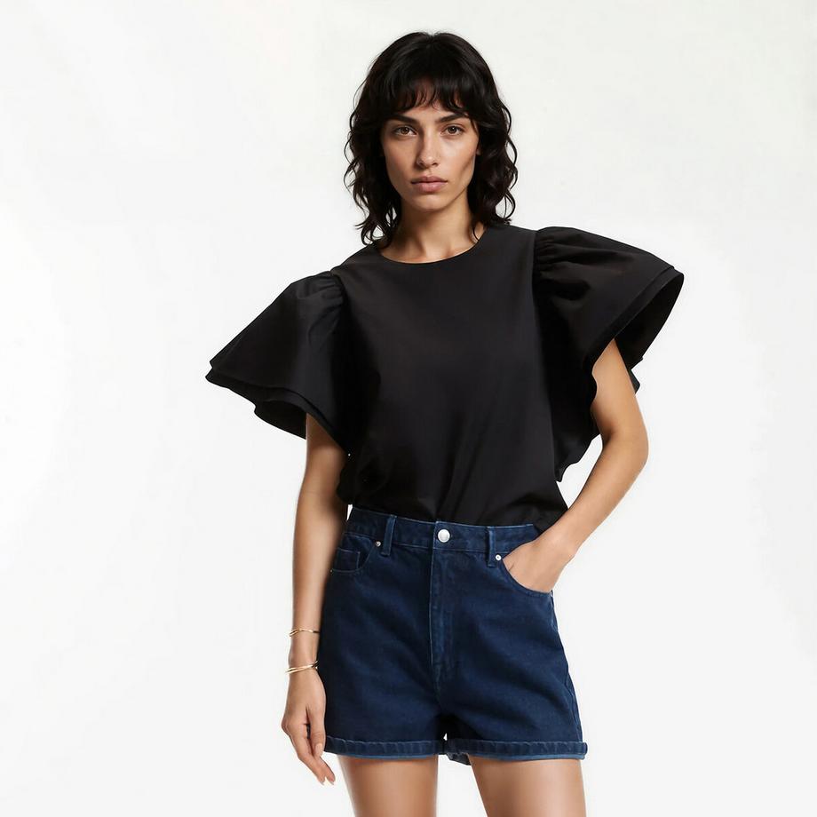 Bluse mit Rundhalsausschnitt und kurzen Ärmeln mit Volants