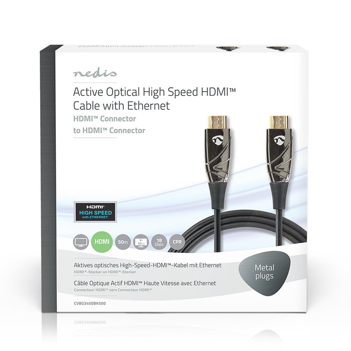 Nedis  Aktives optisches High-Speed-HDMI-Kabel mit Ethernet | HDMI™ Connector | HDMI™ Connector | 4K@60Hz | 18 Gbps | 50,0 m | Rund | PVC | Schwarz | Geschenkbox 