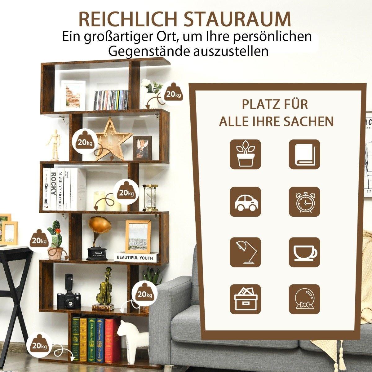 Northix Scaffale in piedi 6 livelli Libreria a forma di S ripiano portaoggetti in legno colore scelta marrone  