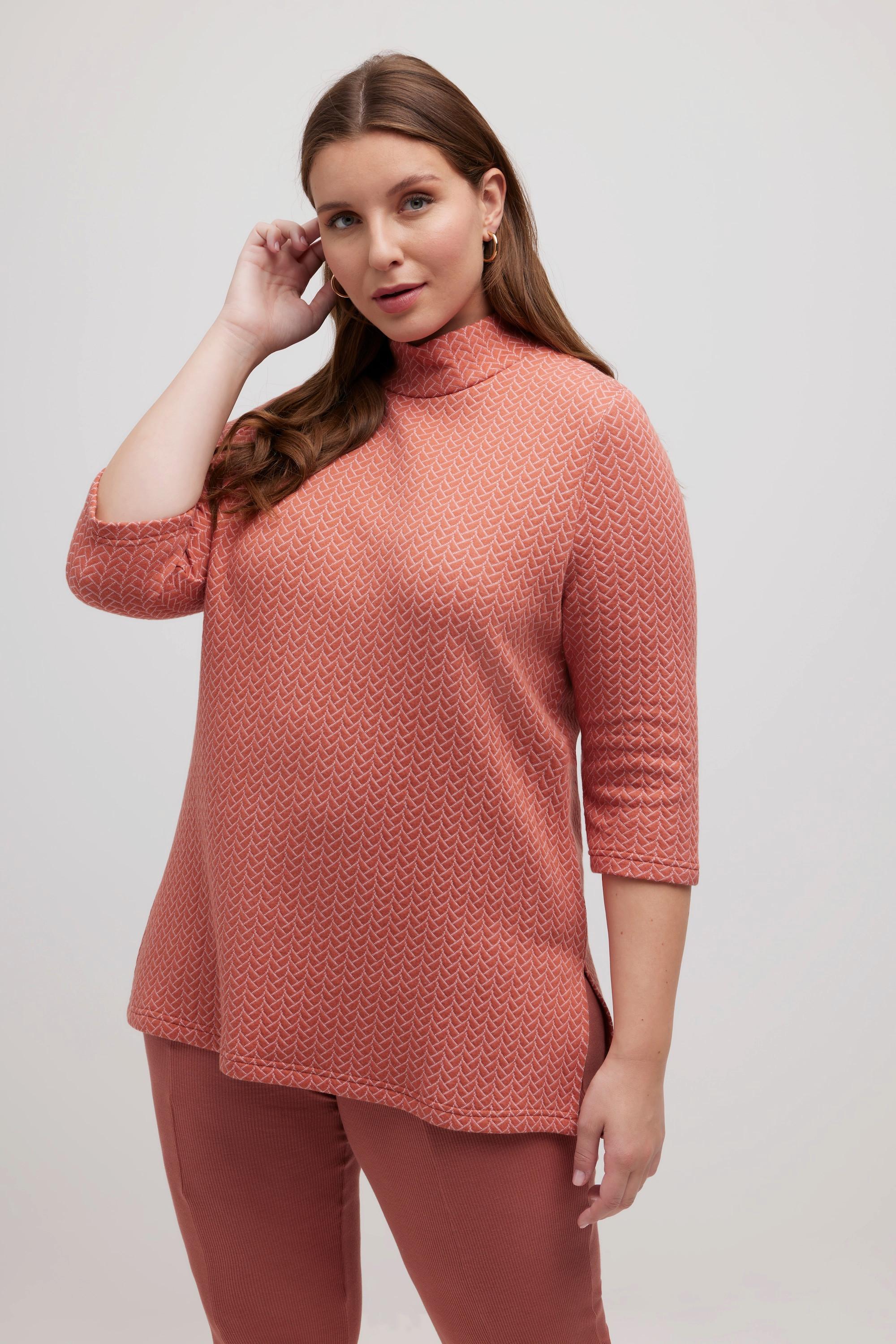 Ulla Popken  Sweatshirt, Jacquard, Stehkragen, 3/4-Arm, Biobaumwolle 