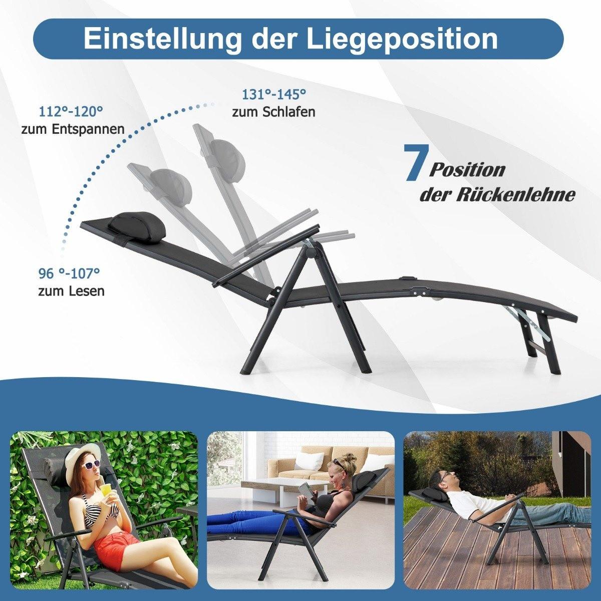 Northix Bain de soleil transat de jardin avec appui-tête 7 dossiers réglables noir  