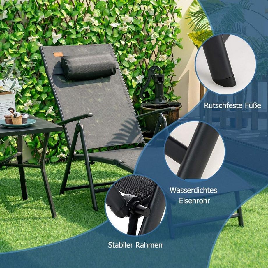 Northix Sonnenliege Gartenliege mit Kopfstütze 7 Verstellbaren Rückenlehnen Schwarz  